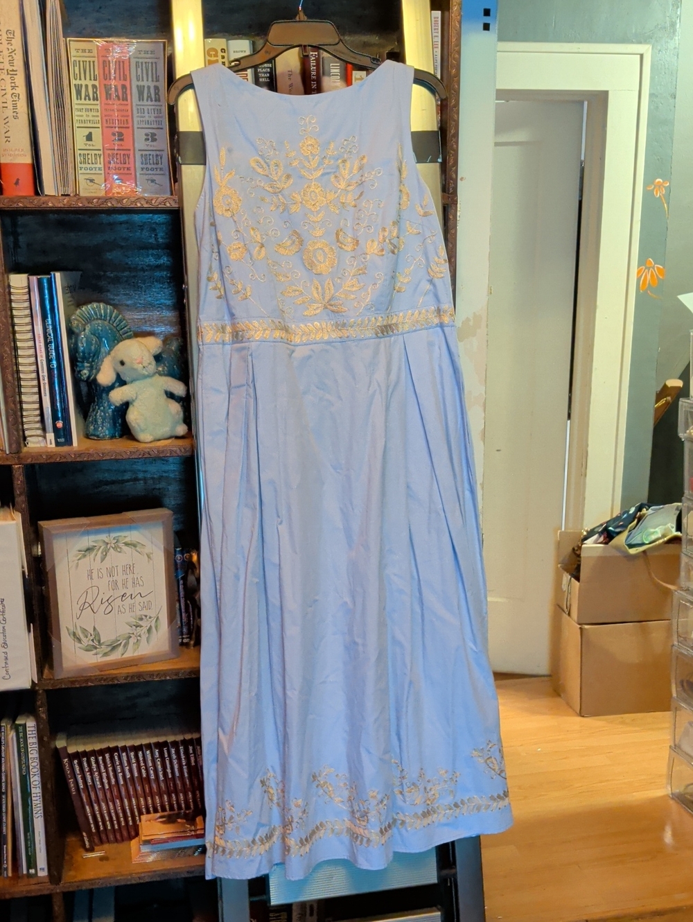 eshakti Pale Blue Dress with Gold Embroidery